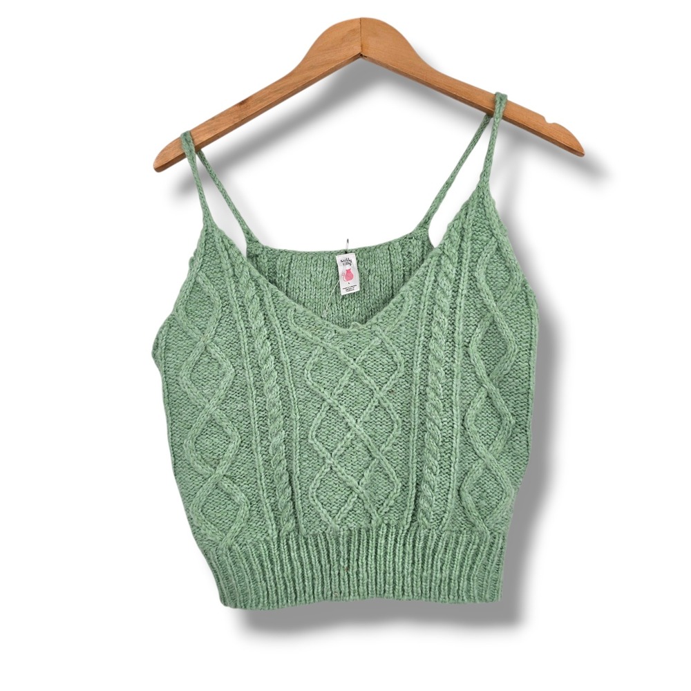 Knitty Kitty Womens Sage Green Cable Knit Camisole V-Neck Crop Tank Top‎ Large